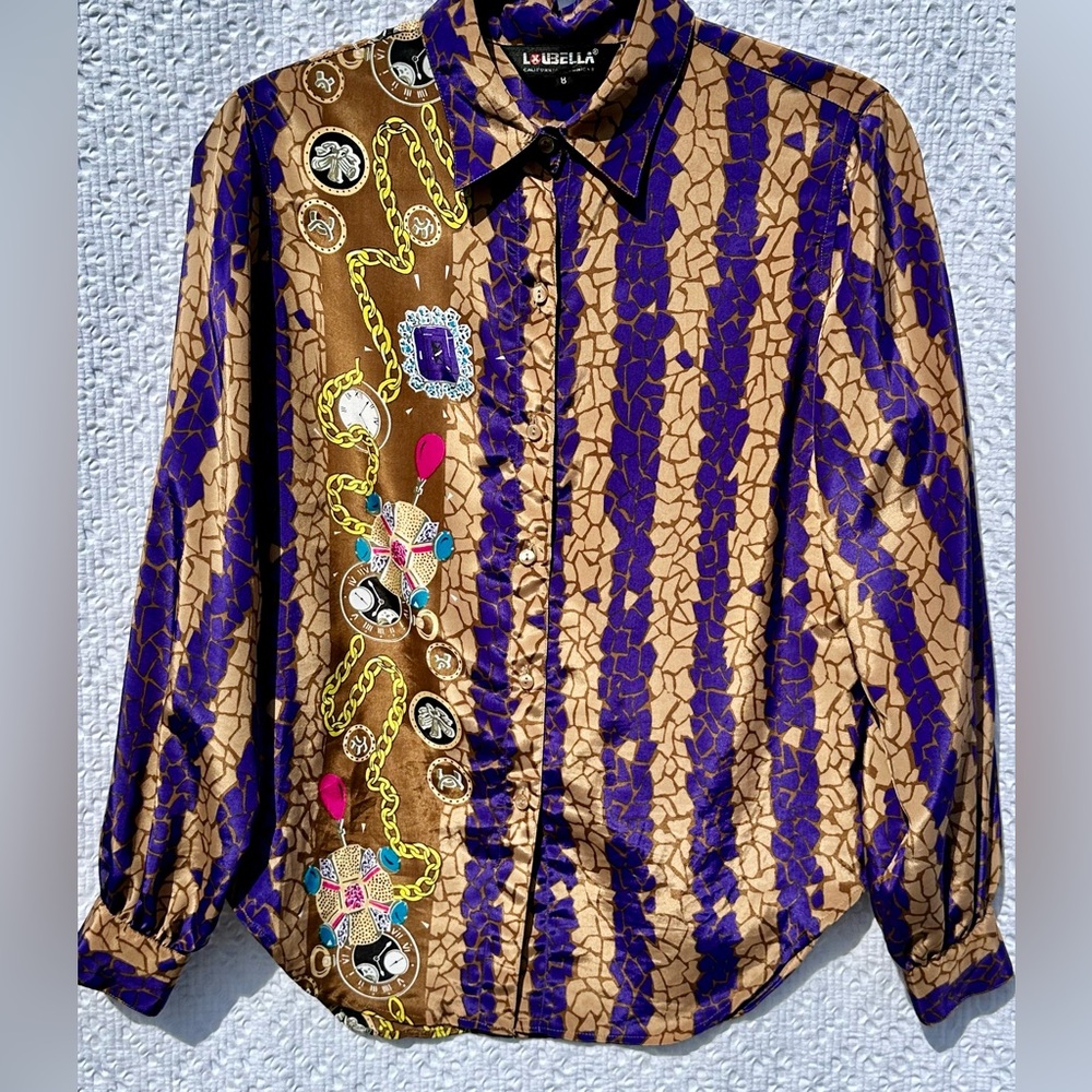 Vintage LouBella Baroque Chain Print Satin Blouse Gold Purple Sz 8 - Picture 3 of 9